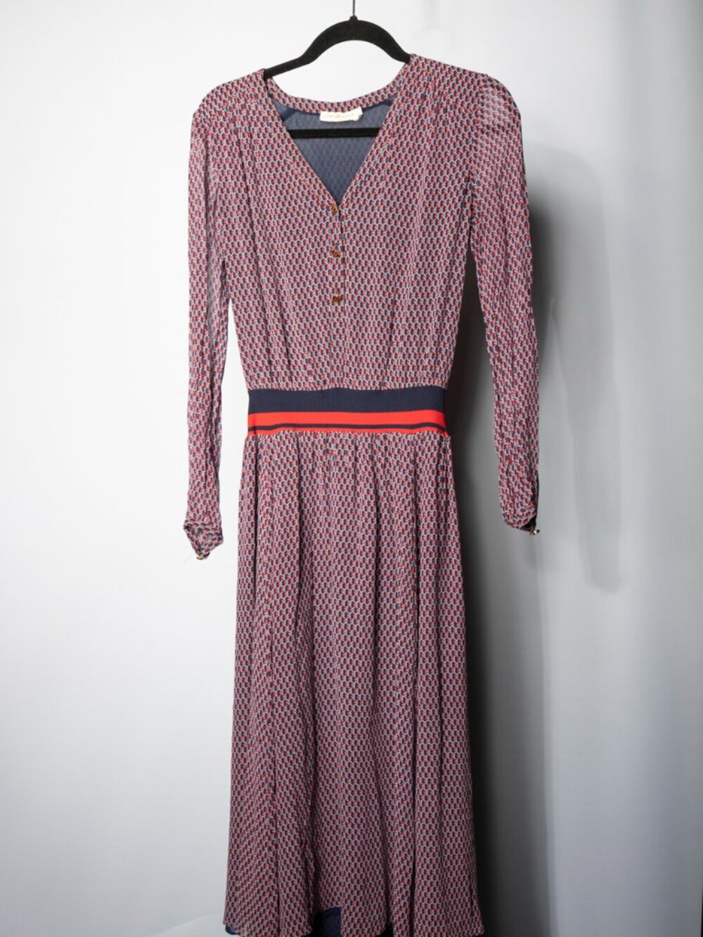Tory Burch Velma Dress Navy Red Geometric Print Long Sleeve Midi Size 2